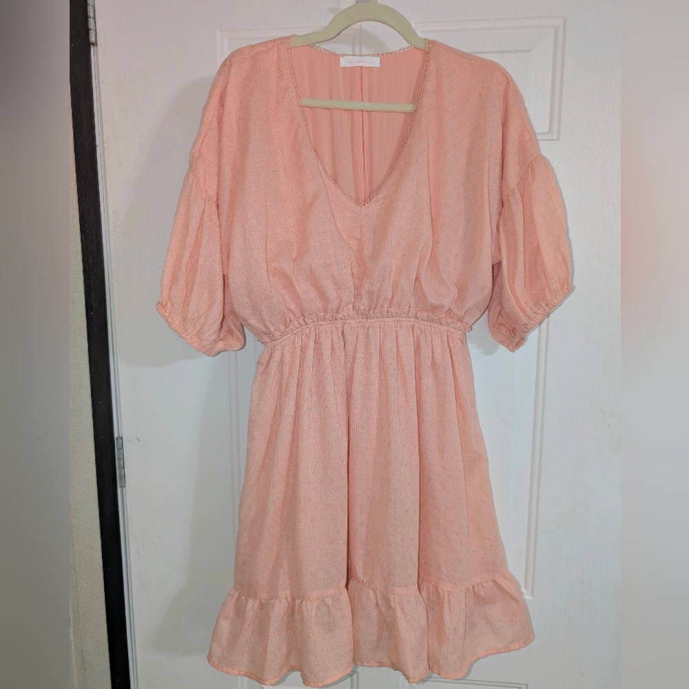 Ces Femme Peach V-Neck Puff Sleeve Tunic/Dress -Sz M / L